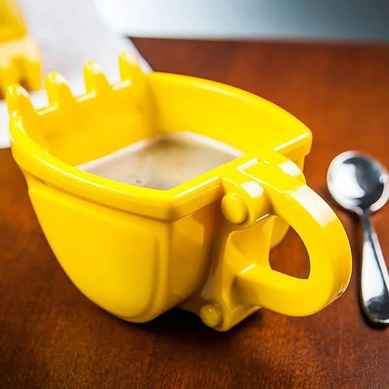 

3D Yellow Excavator Bucket Model Cafe Coffee Mug With Spade Shovel Spoon Funny Digger Ashtray Cake Container Tea Cup OrangeBlack