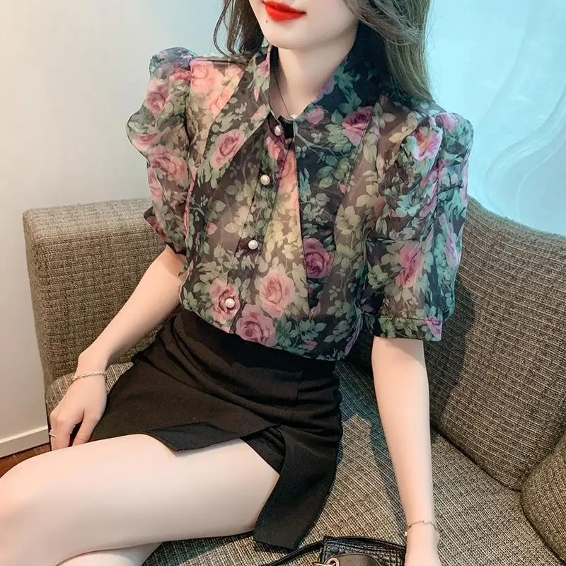 

Women's Polo Collar 2024 Summer New Korean Commute Print Ruched Patchwork Short Sleeve Loose Button Cardigan Chiffon Shirts Tops