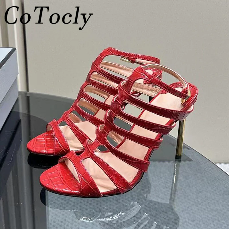 

Summer High Heels Gladiator Sandals Women Ankle Buckle Strap Hollow Outs Runway Shoes Genuine Leather Stiletto Sandalias Woman