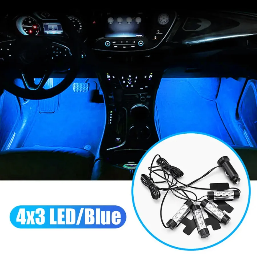 

1Set 4in1 Blue Inside Atmosphere Light 4x3 LED 12V 4W Lighting Decorative Car Auto Interior Charge Foot Lighting Car Lights