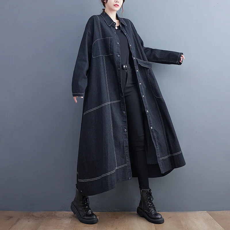 

SuperAen 2023 Autumn New Korean Loose Oversize Contrast Colored Denim Long Trench Coat for Women