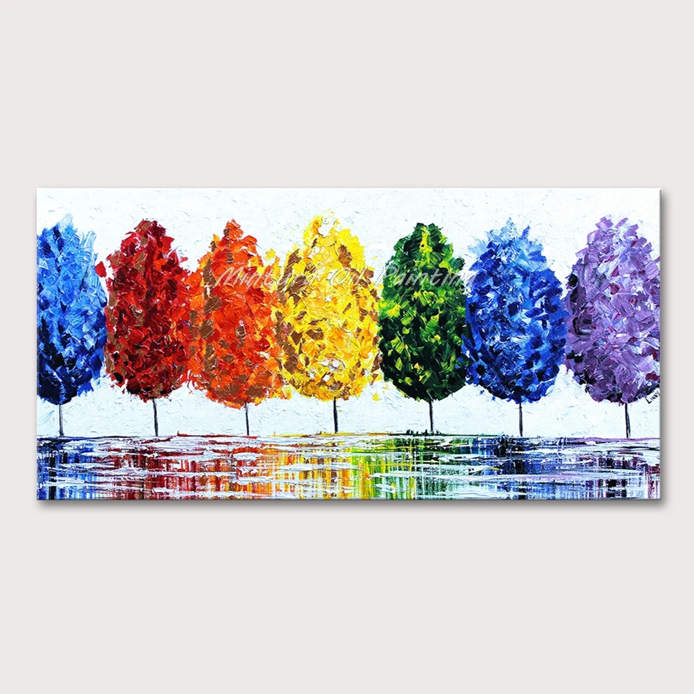 

Mintura,Wall Pictures for Living Room Trees of Seven Colors Hand-Painted Acrylic Canvas,Art Oil Paintings Hotel Decor No Framed