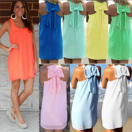 

summer sexy bowknot fashion fluorescent color women sundress solid color beach dress chiffon vestidos