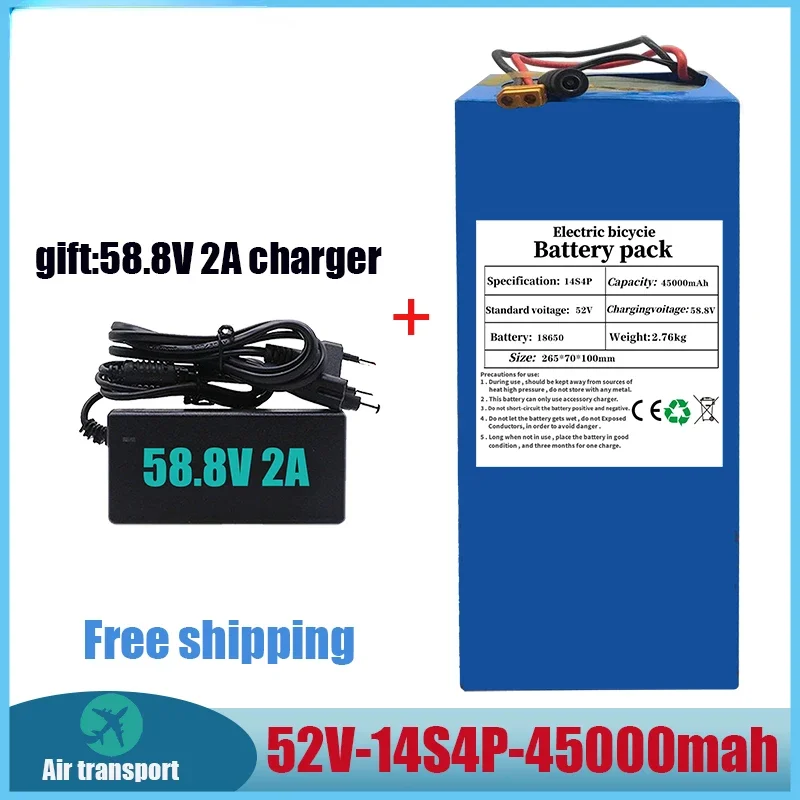 

Free shipping High Capacity 52V 14S4P 45000mAh 18650 1000W Lithium Battery for Balance Car, Electric Bicycle Scooter Tricycle