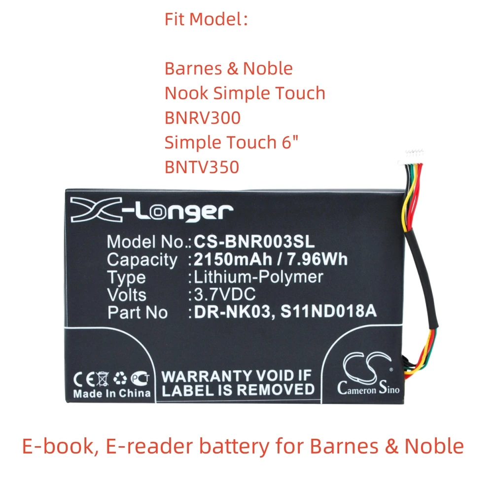 

Li-Polymer E-book, E-reader battery for Barnes & Noble,3.7v,2150mAh,Nook Simple Touch BNRV300 Simple Touch 6" BNTV350