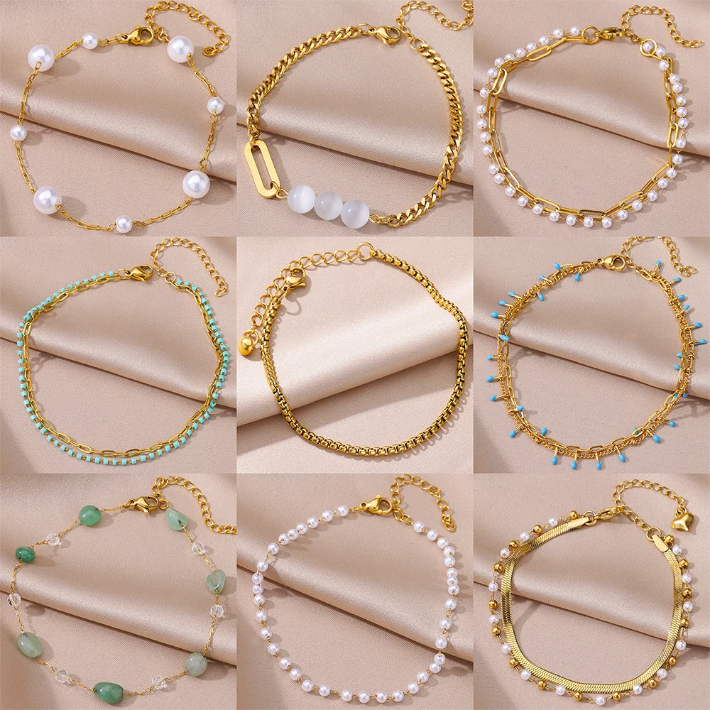 

Anklets for Women Accessories Stainless Steel Jewelry Gold Color Popular Foot Bracelet Stone Imitation Pearl Charm Beach Anklets