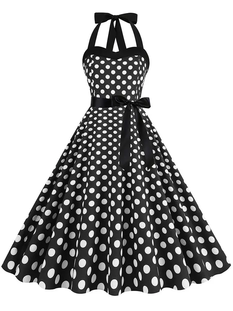 

2024 Elegant Halter Pinup Vintage Dress 50s 60s Women Polka Dot Print Casual Swing Summer Party Dresses with Belt