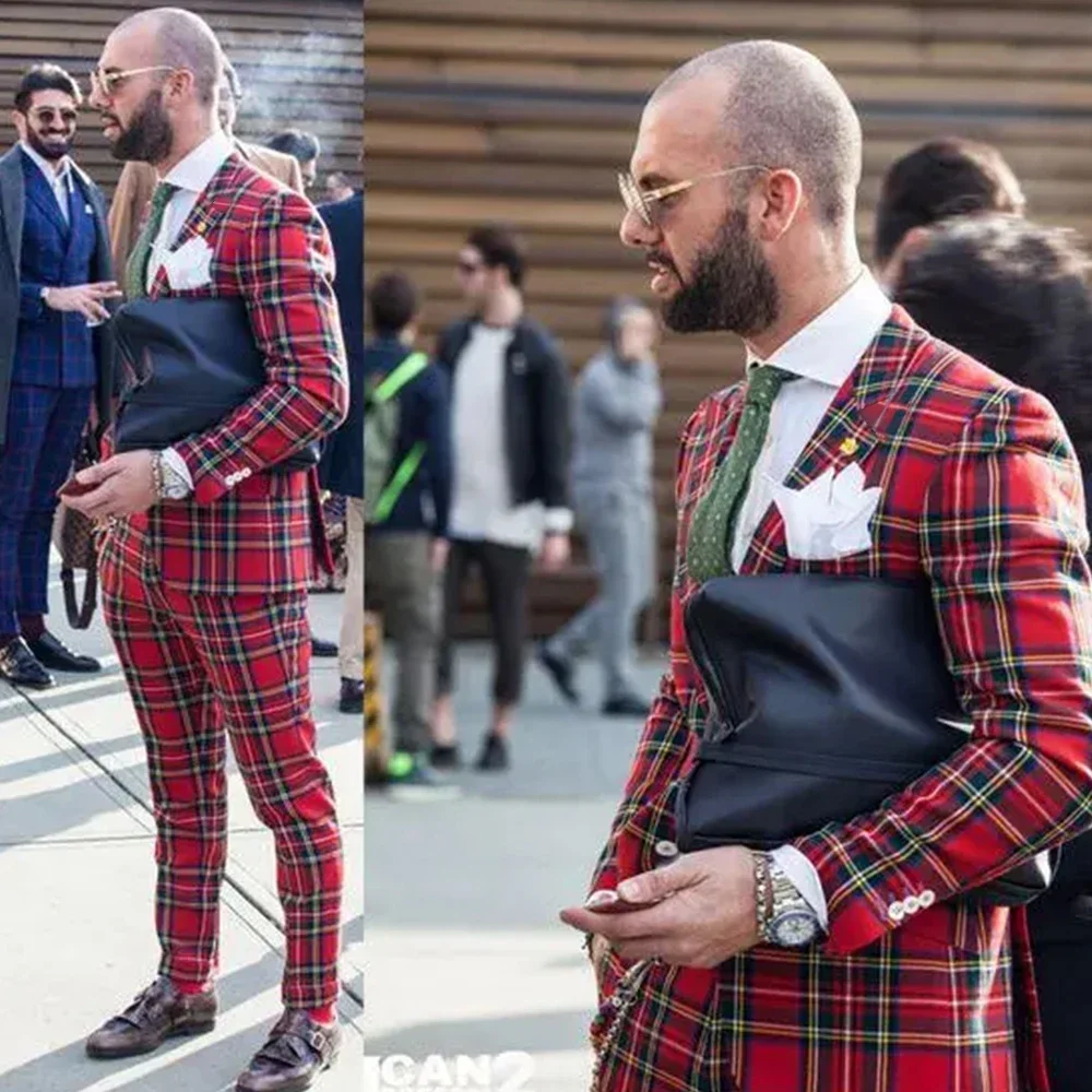 

New Red Checkered British Style Slim Fit Men Suit Two-pieces(Jacket+Pants)Formal Groom Wedding Prom Banquet Male Set