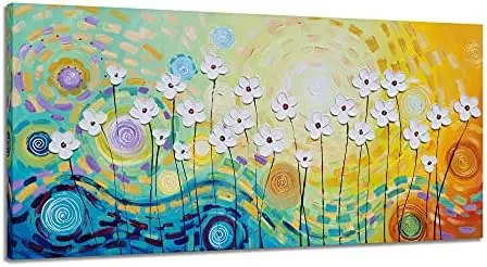 

ARTS Floral Canvas Hand Painted Blue and White Heavy Textured Painting Modern Abstract Flower Pictures Contemporary Artwork fo