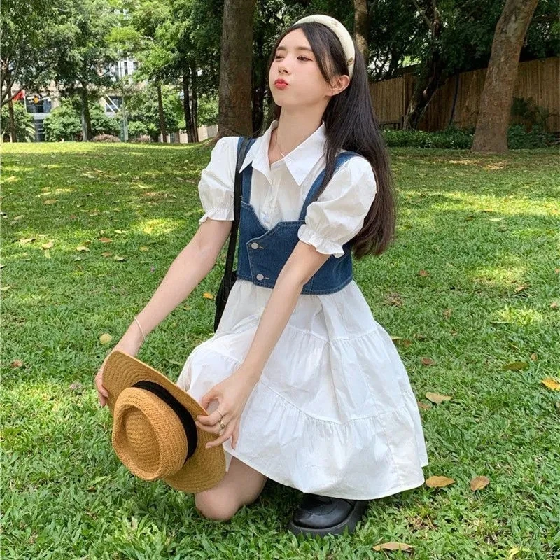 Summer Women Dress Set 2023 New Korean Lady Student Fashion Denim Vest Tops White Shirt Dresses 2 Piece Sets Streetwear Female
Summer Women Dress Set 2023 New Korean Lady Student Fashion Denim Vest Tops White Shirt Dresses 2 Piece Sets Streetwear Female
