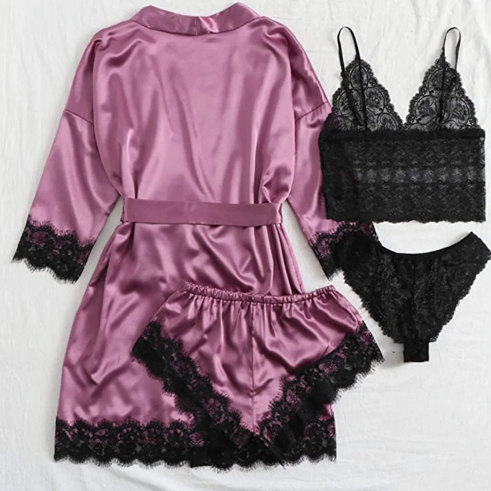 Pieces Woman Sleepwear Pajamas Ser With Robe Sexy Lace Lingerie Bathrobe Silk Satin Home
