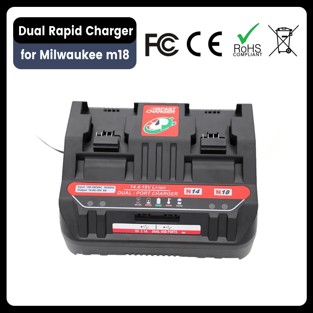 With Dual USB port charger For Milwaukee M14 M18 Replacement Charger for Milwaukee 14.4V 18V Li-ion Battery 6A charging current
With Dual USB port charger For Milwaukee M14 M18 Replacement Charger for Milwaukee 14.4V 18V Li-ion Battery 6A charging current