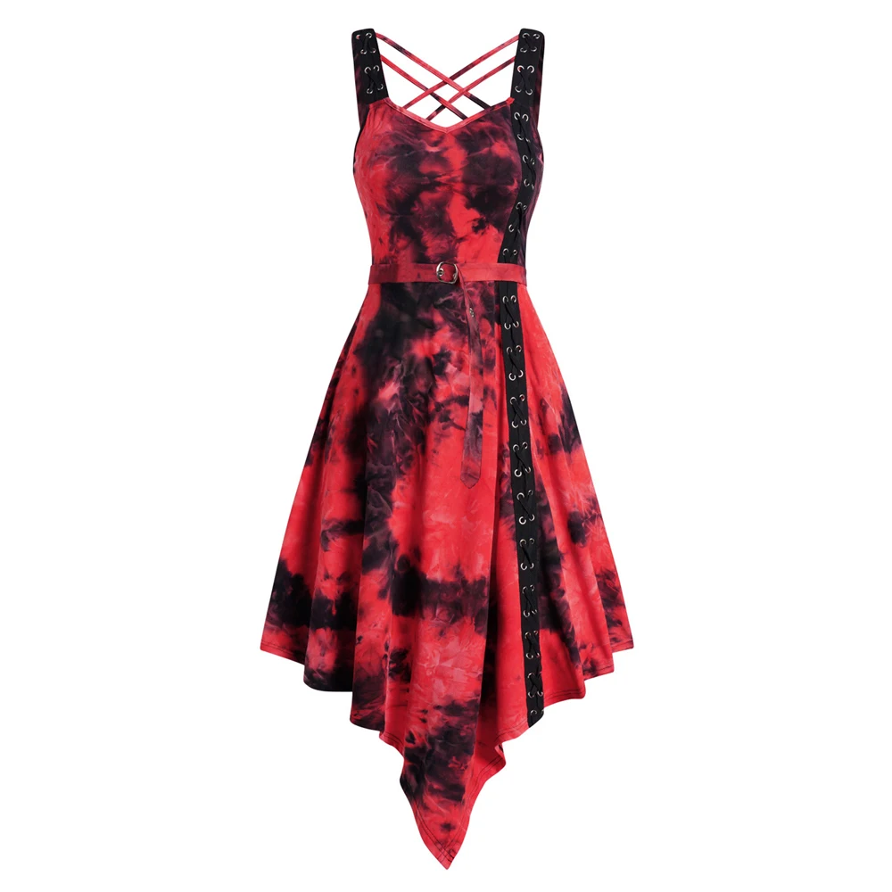 

Gothic Style Red And Black Tie Dye Print Belted Asymmetric Dress Crisscross Lace-up Eyelet Midi Dresses