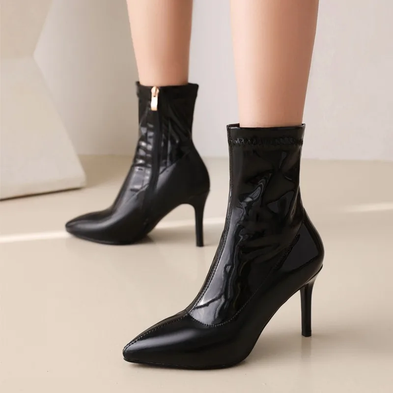 

New Black White Nude Ankle Zipper Short Boots Women Pointed Toe Concise Ladies Office Thin High Heels Autumn Sexy Booties Shoes