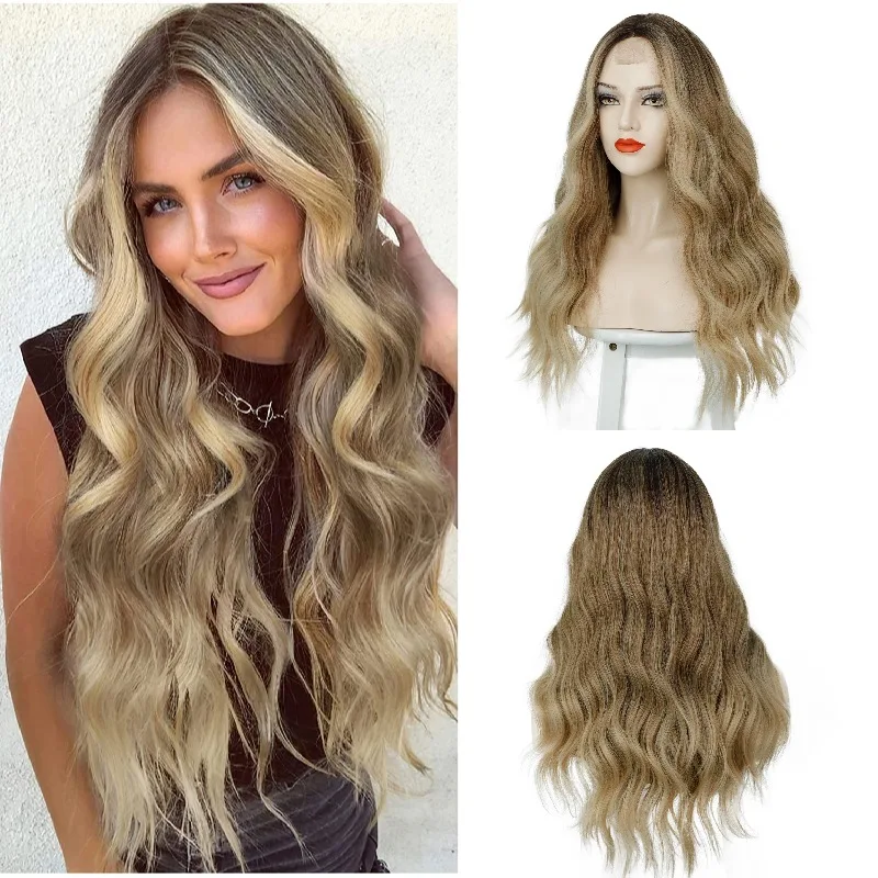 

Frontal Lace WIgs 24 Inches Long Ombre Brown Mix Blonde Wavy Wig for Women Middle Part Curly Wavy Wig Natural Looking