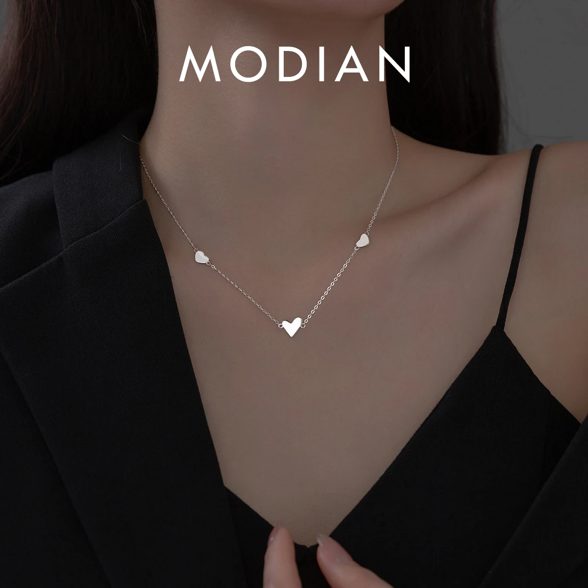 

MODIAN 925 Sterling Silver Romantic Heart To Hearts Simple Necklace Pendant Gold Color Classic Chain Neck For Women Fine Jewelry