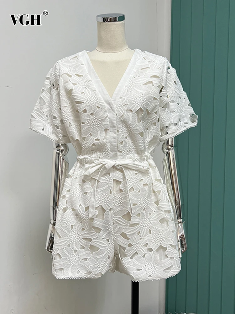 VGH Hollow Out Lace Elegant Playsuit For Women V Neck Short Sleeve High Waist Spliced Drawstring Solid Playsuits Fashion Style
VGH Hollow Out Lace Elegant Playsuit For Women V Neck Short Sleeve High Waist Spliced Drawstring Solid Playsuits Fashion Style