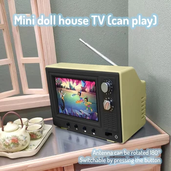 레트로 미니 TV 만화 장난감 인형 집 장면 모델 미니어처 텔레비전 모델 장난감, 주방 가구 재생 가능 비디오