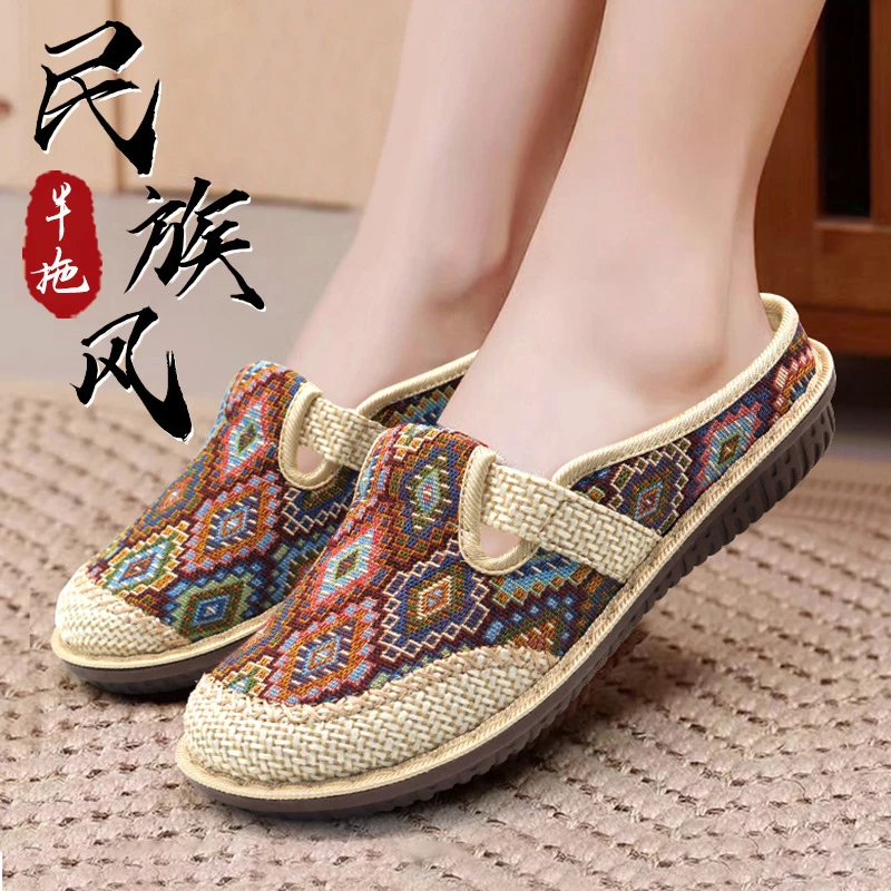 

Women Slipper Ethnic Embroidery Summer Flat Shoe Linen Wedge Cloth Shoes Soft Sole Walking Elderly Sandal Ladies Slip-on Muller