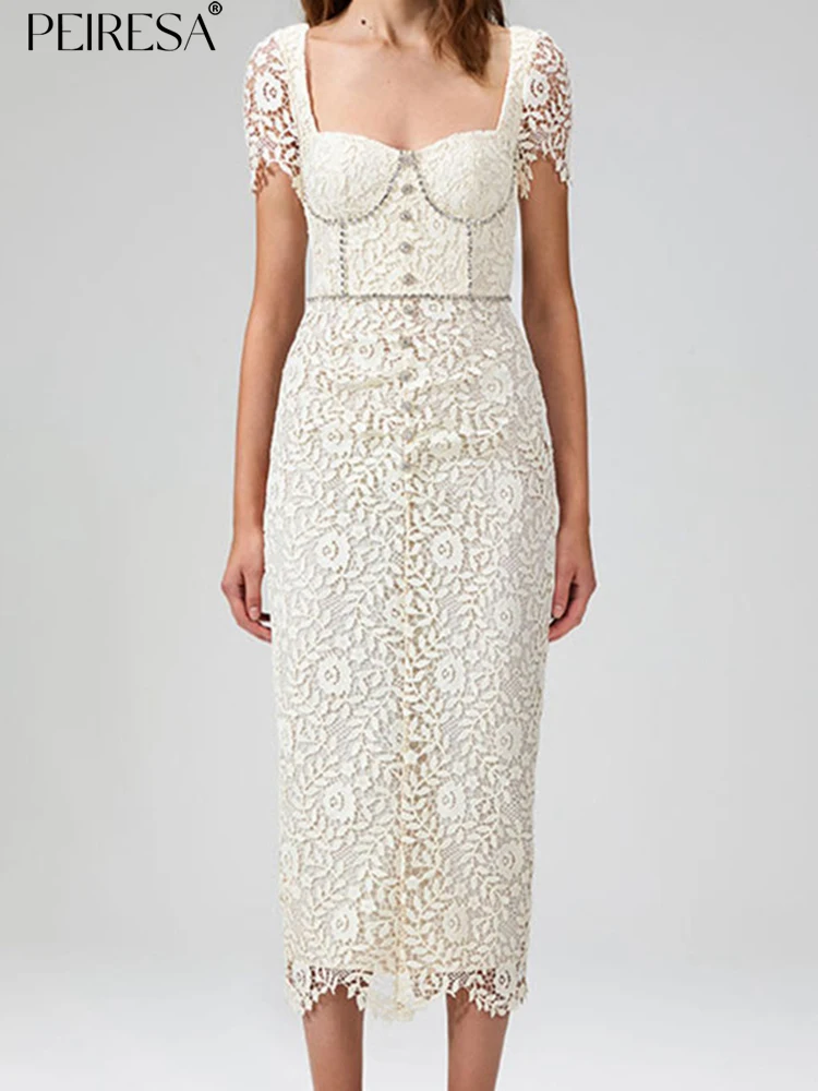 PEIRESA 2023 New Summer Hook Flower Hollow Lace Dress For Women Square Collar Short Sleeve Rhinestone Bodycon Slit Midi Dresses 
PEIRESA 2023 New Summer Hook Flower Hollow Lace Dress For Women Square Collar Short Sleeve Rhinestone Bodycon Slit Midi Dresses