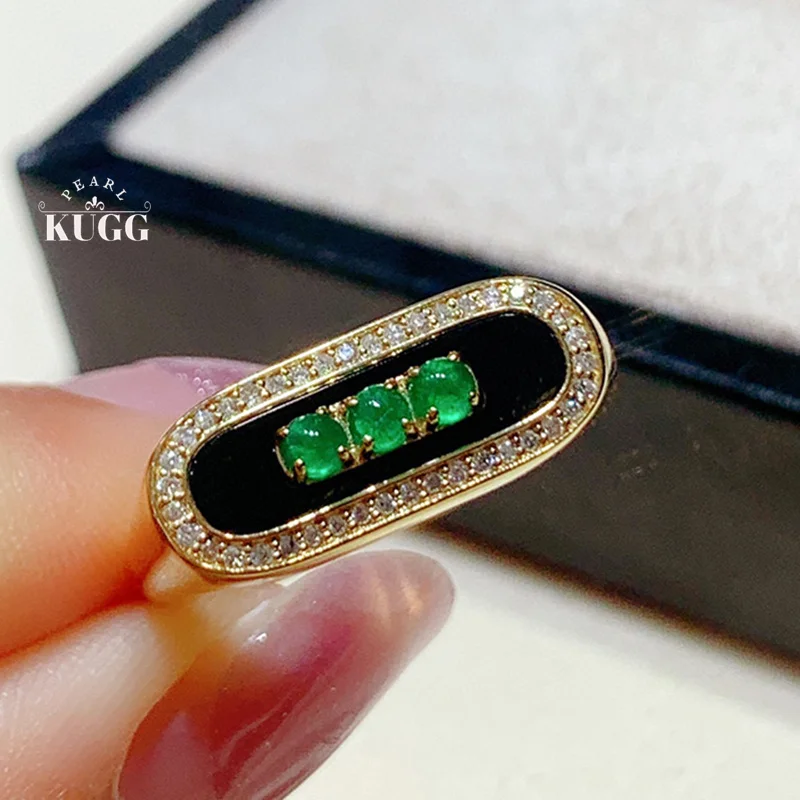 

KUGG 18K Yellow Gold Rings Fashion INS Style Real Natural Emerald and Onyx Gemstone Ring for Women High Party Jewelry