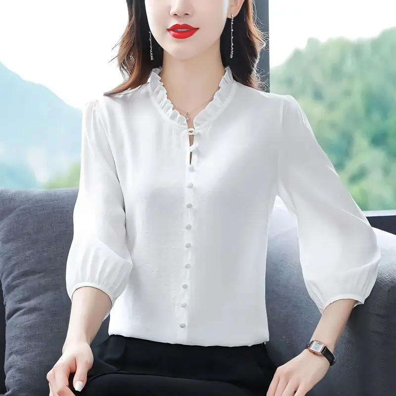 

Women's Clothing Spring Summer Solid Color Pullover Chiffon Lantern Long Sleeve T-shirt Button Loose Office Lady All-match Tops