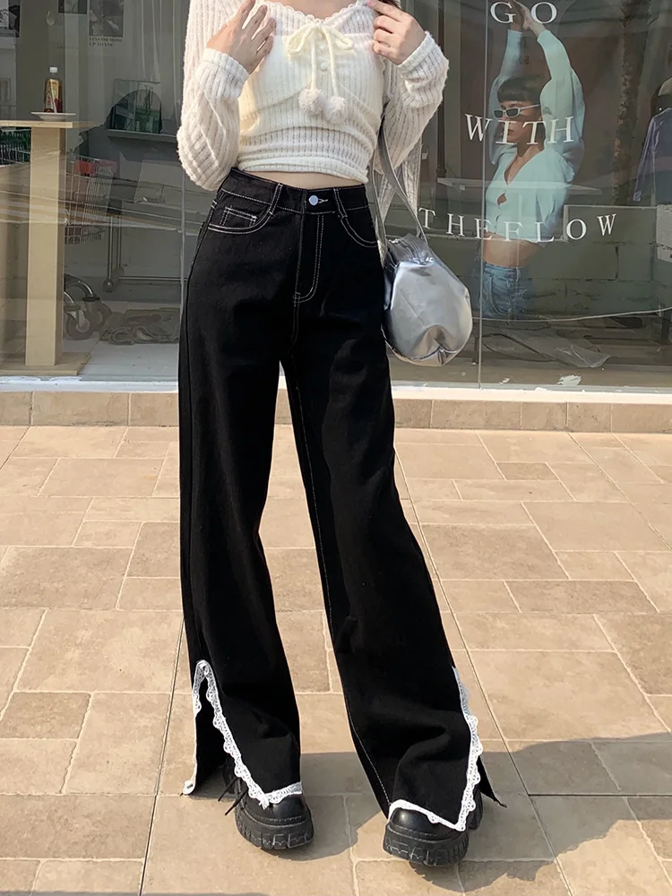 

Женские черные джинсы Slergiri с кружевной отделкой и Боковым Разрезом, модная уличная одежда Y2k, свободные прямые широкие брюки с высокой талией, весна 2024