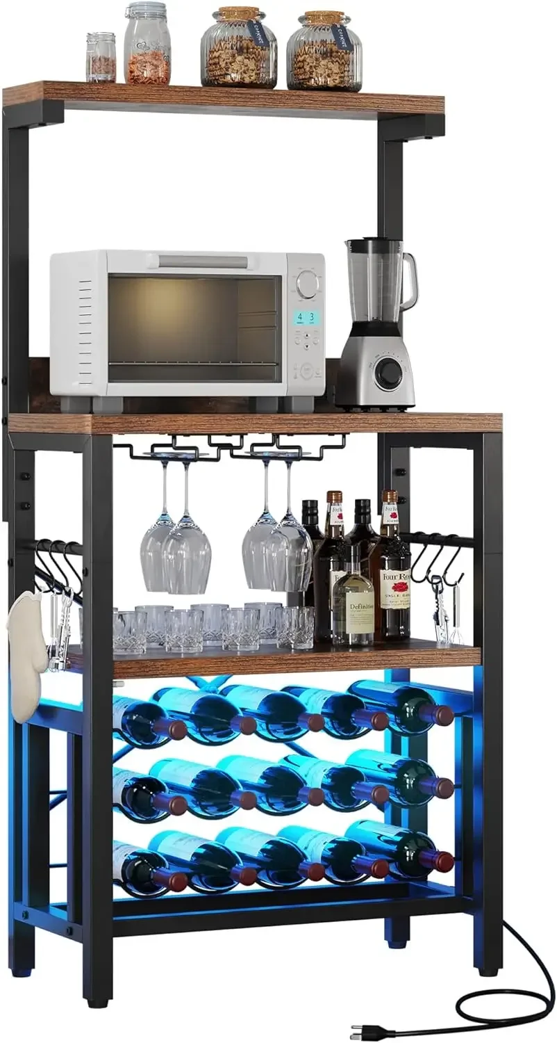 

Microwave Bakers Stand Wine Rack with LED Light,Wine Rack Freestanding Floor,Coffee Bar Storage with Power Outlet for Liquor