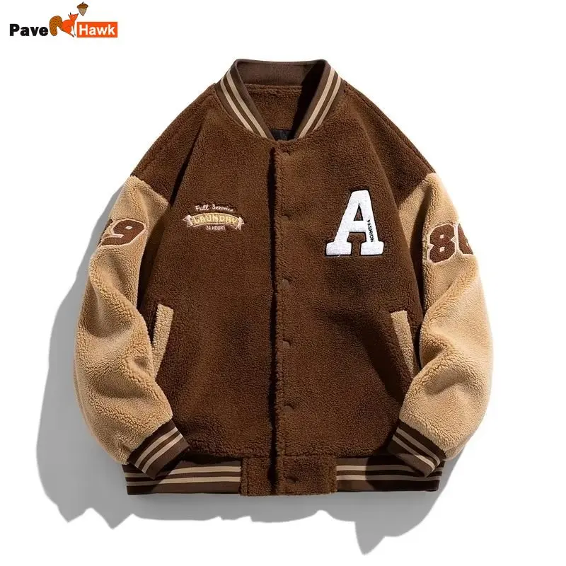 

Mens Lambswool Baseball Jacket Autumn Winter Patchwork College Women Coat Unisex Bomber Embroidery Outwear Street Plus Size