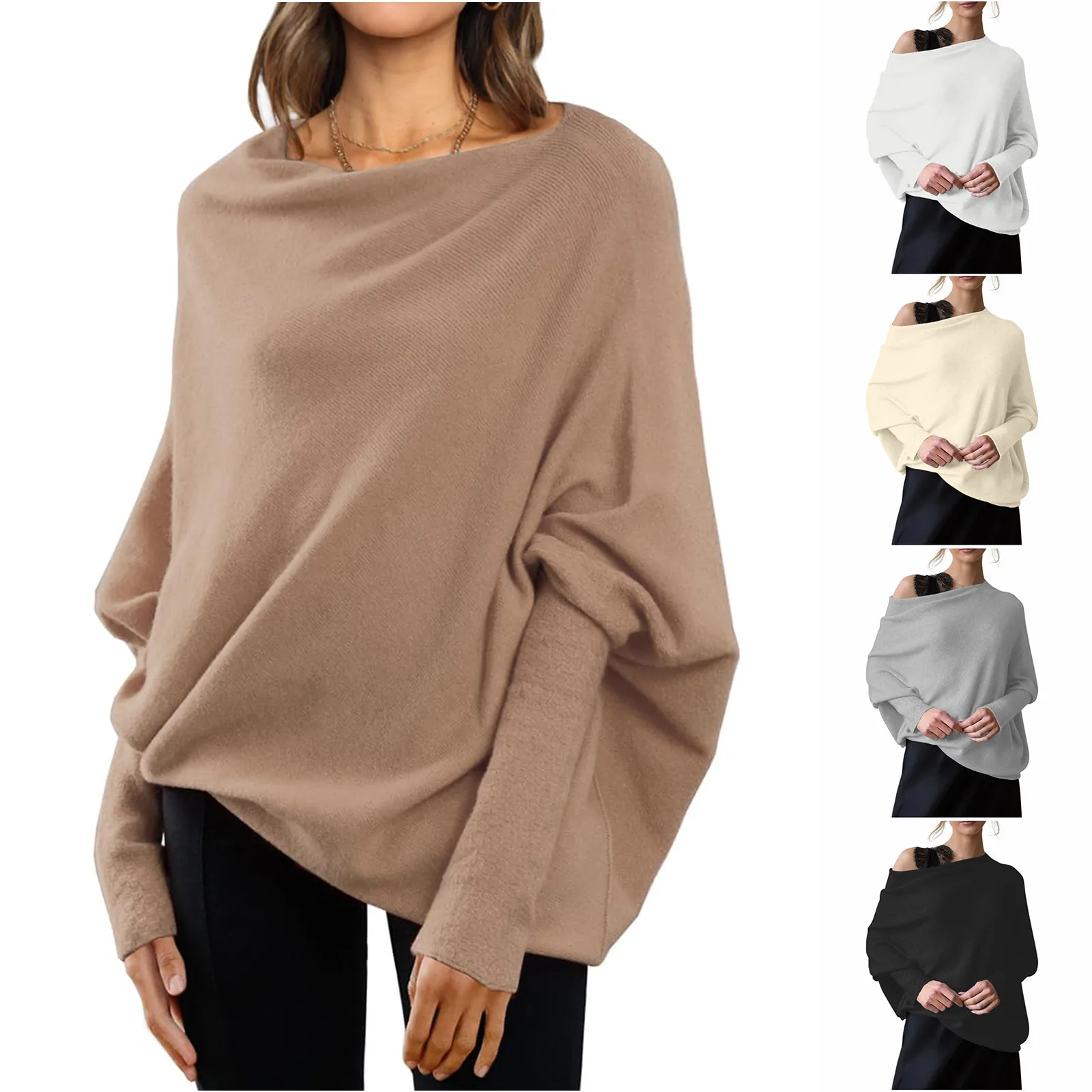 

Womens Long Sleeve Neck Tunic Tops Fall Baggy Slouchy Pullover Solid Casual Sweaters Off The Shoulder High-Quality Sweater
