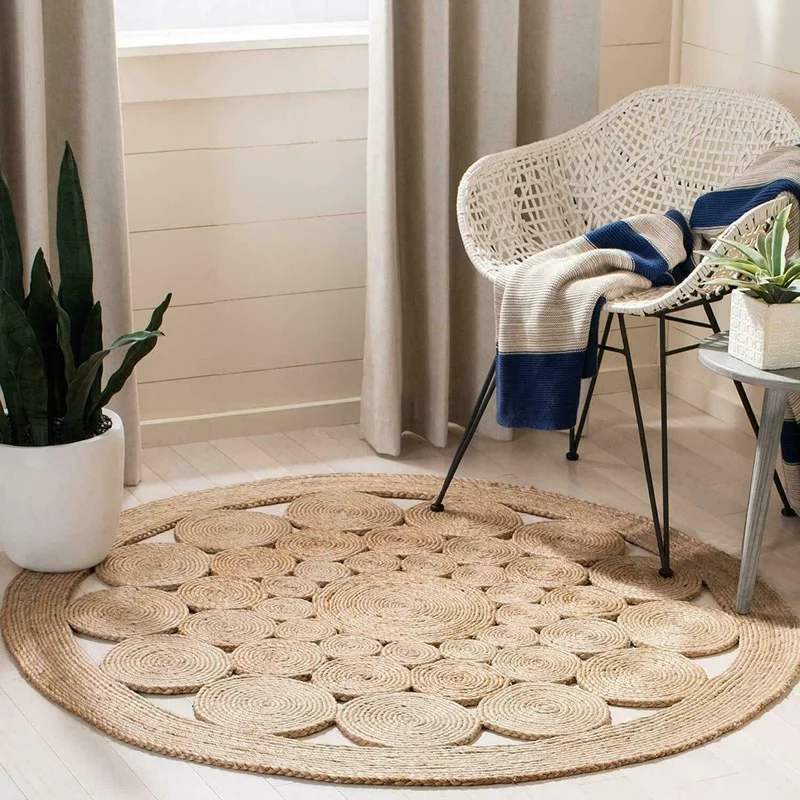 

Rug 100% Natural Jute Handmade Round 60x60cm Carpet Modern Home Living Reversible Area Rug