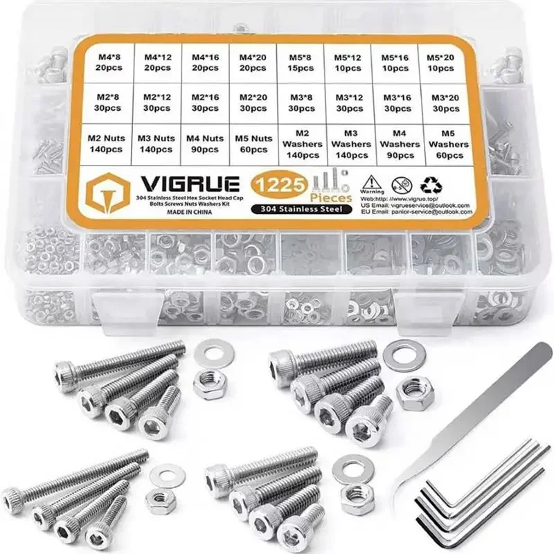 

Hex Socket Head Cap Screws Kit M2 M3 M4 M5 Stainless Steel Bolts Nuts Lock Flat Washers Assortment With Allen Wrench 1225pcs