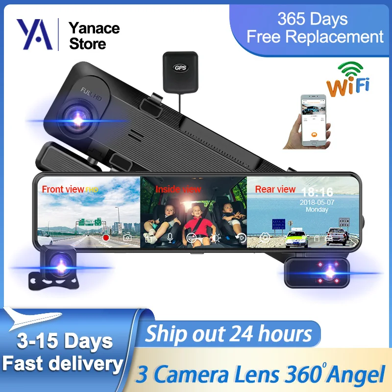 Yanace 3 Channel Car Dvr Mirror HD 1080P 3 Lens Video Recorder Front/Inside/Rear Camera Registrar Dash Cam with WIFI GPS 24h Par
Yanace 3 Channel Car Dvr Mirror HD 1080P 3 Lens Video Recorder Front/Inside/Rear Camera Registrar Dash Cam with WIFI GPS 24h Par
