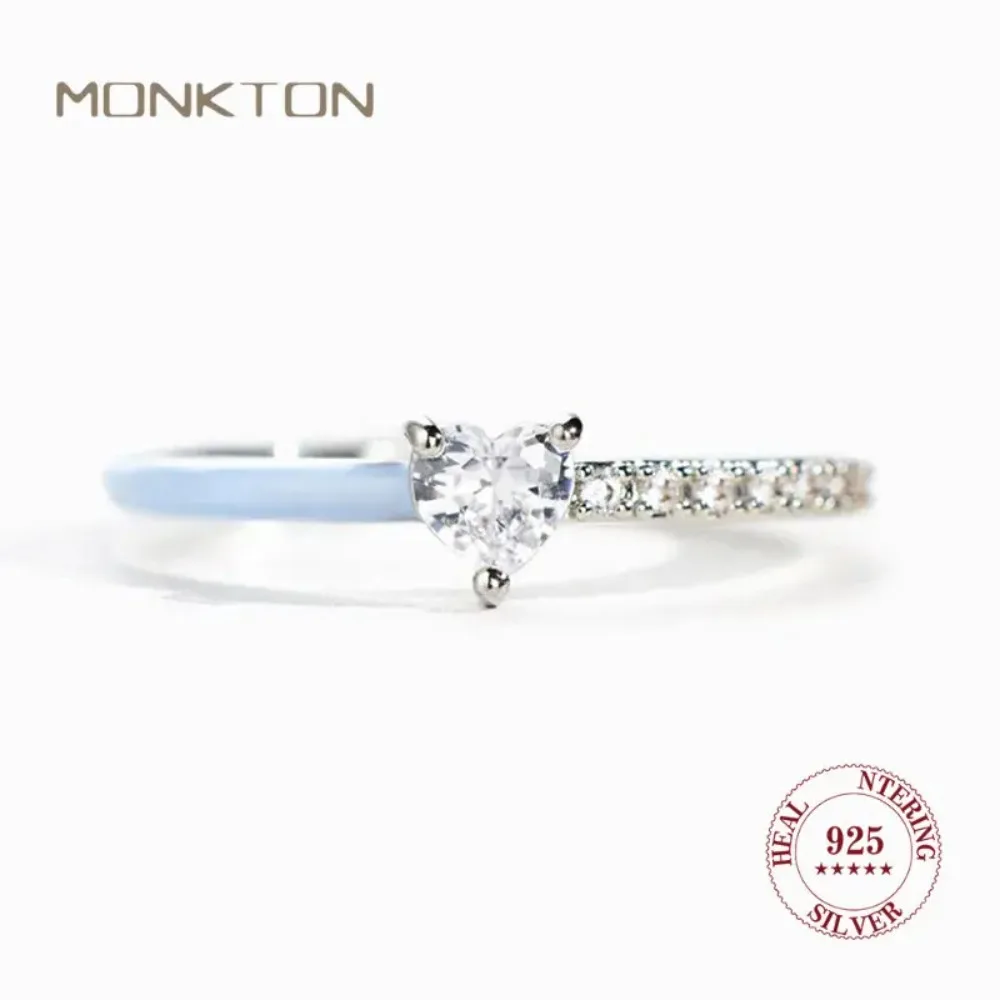 

Monkton 925 Sterling Silver Heart Shaped Engagement Ring Fine Zircon Cut Half Enamel Ring for Women Classic Wedding Jewels