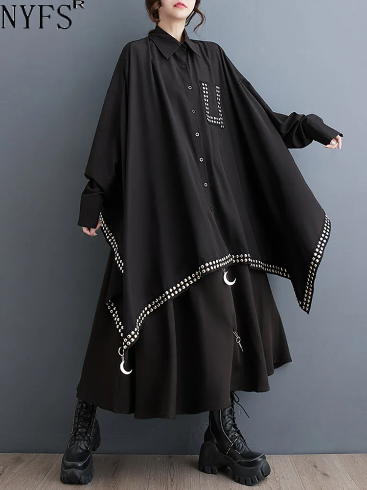 

NYFS 2024 Spring New Women Shirt Long Sleeve Irregular Hem Rivet Tops Loose Plus Size Black Blusas Camisa Mujer