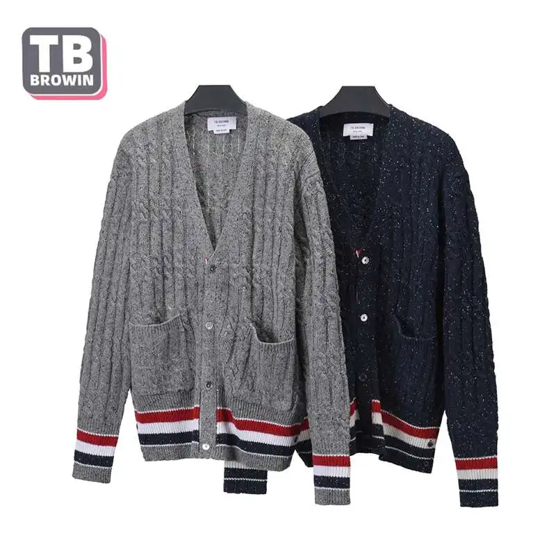 

TB YJ01 Men's Wool Sweater thom Autumn and winter stripes Brand New Floral Cardigan V-neck Luxury Cardigan Korean Casual