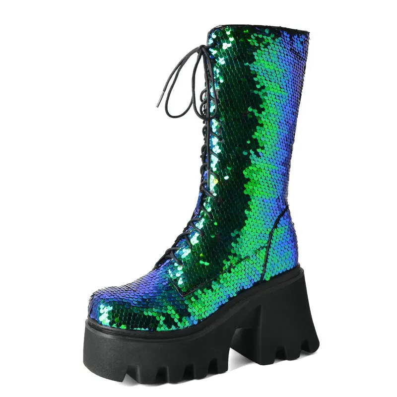 Sequins Cloth Bling Shiny Green Silver Black Fish Scale Pattern Lace-up Punk Goth Women Winter Shoes Chunky Heels Mid-calf Boots
Sequins Cloth Bling Shiny Green Silver Black Fish Scale Pattern Lace-up Punk Goth Women Winter Shoes Chunky Heels Mid-calf Boots