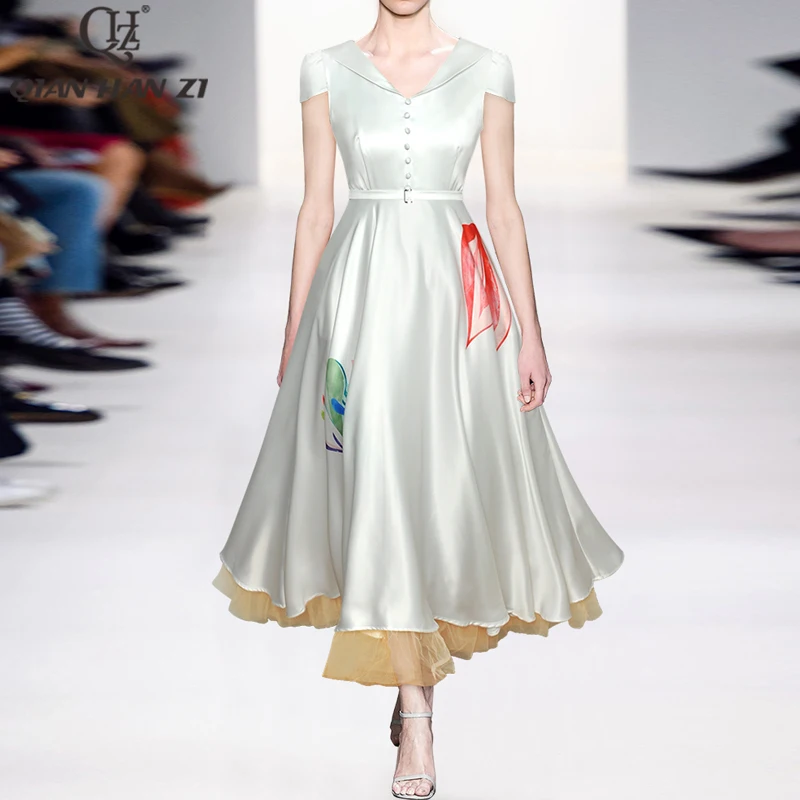 Qian han zi designer fashion summer long Dress Short sleeve Retro Button belt Slim pattern printing white Party maxi dress
Qian han zi designer fashion summer long Dress Short sleeve Retro Button belt Slim pattern printing white Party maxi dress