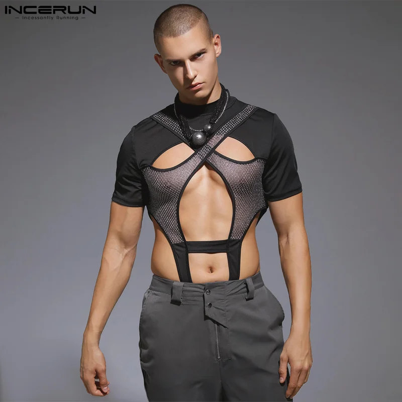 

Sexy New Men Bodysuits Hollow Deconstructed Mesh Jumpsuits Fashionable Spliced Triangle Short Sleeve Rompers S-3XL INCERUN 2023