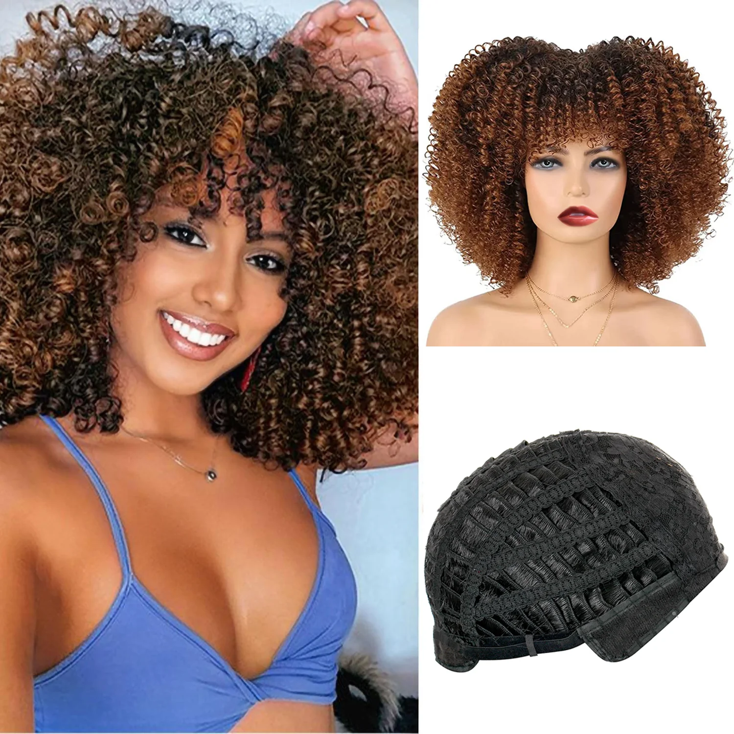 

Short Hair Afro Kinky Curly Wig With Bangs Loose Synthetic Cosplay Fluffy Natural Wigs For Black Women Brown Black Burgundy 12"