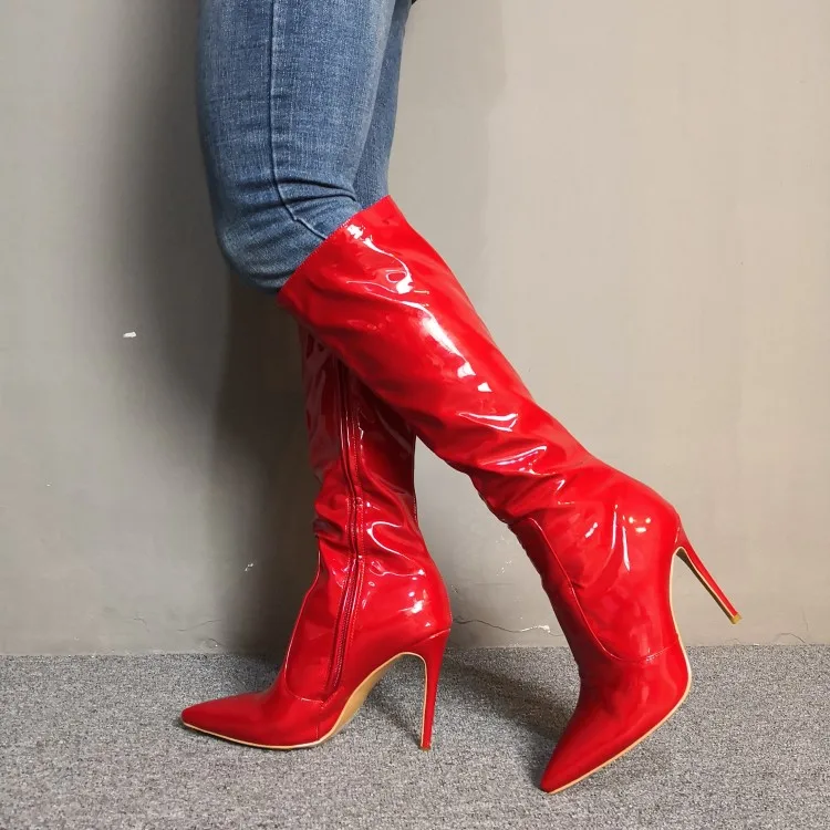 

Olomm New Women Shiny Knee High Boots Sexy Thin High Heels Boots Nice Pointed Toe Gorgeous Red Shoes Women Plus US Size 5-15