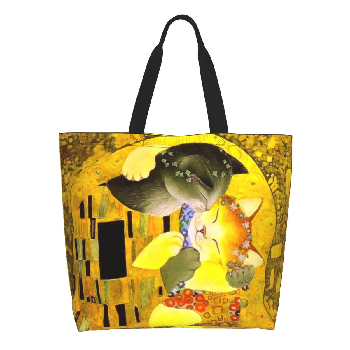 

Сделанные на заказ сумки для покупок в виде кошки поцелуй женские портативные сумки большой вместимости для продуктов Густав Климт художественные сумки для покупок