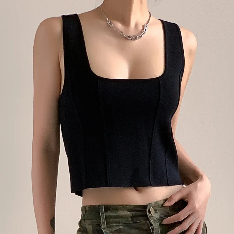 

Spring Summer Knitted Camisole Women Crop Tops Halter Top Vest Inner Wear Tank Tees Outer Hot Girl Square Collar Slim Fish Bone