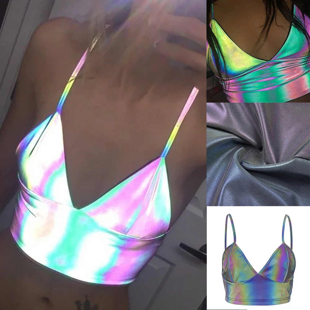 

Fashion Women Sleeveless Laser Reflective Cropped Top Night Clubwear V Neck Laser Tanks Tops Party Sexy Bralette Vest Camis Bras