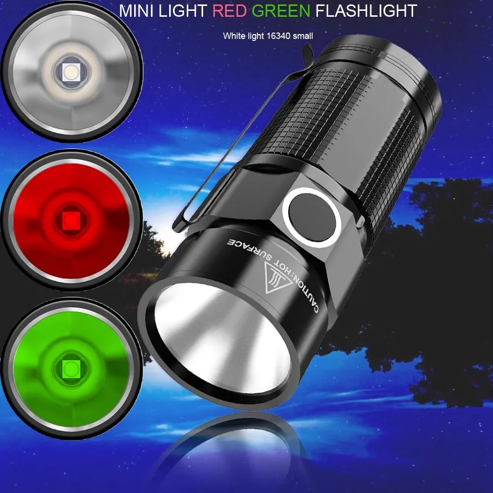

X29 Outdoor lighting multi-light source mini flashlight fixed focus waterproof white, green, red color 16340 lithium battery