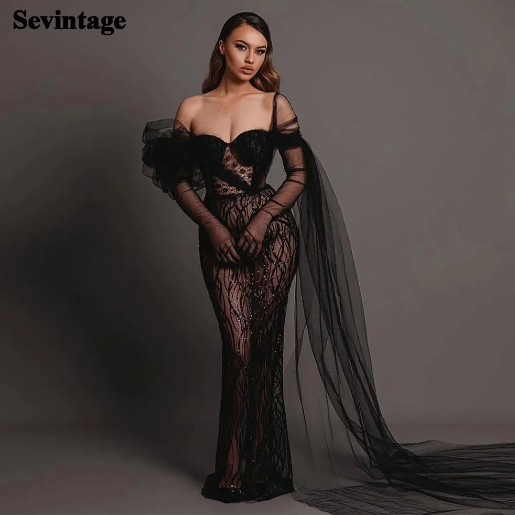 

Sevintage Sexy Black Lace Prom Dress One Spaghetti Strap With Long Cape Illusion Floor Length Evening Dress vestido de gala 2024