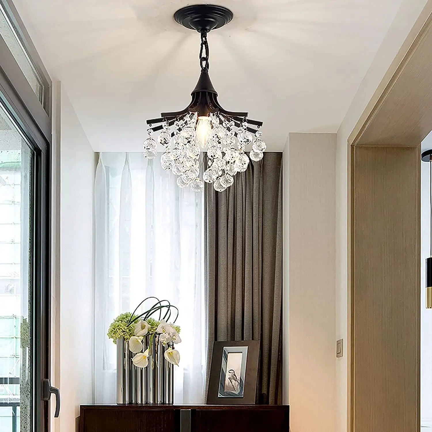 

Style Crystal Ceiling Lamp Semi Flush Mount Clear K9 Crystal Chandelier E14 Bulbs Heads Lampshades Beside Bed Room Light