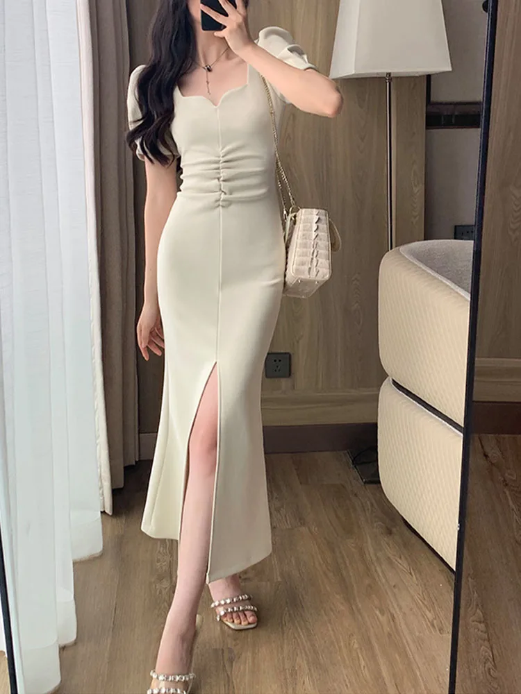 Midi Dress for Women Short Sleeve Streetwear Split Dress Slim Fit A Llne Solid Folds Square Collar 2023 New Spring Summer Dress
Midi Dress for Women Short Sleeve Streetwear Split Dress Slim Fit A Llne Solid Folds Square Collar 2023 New Spring Summer Dress