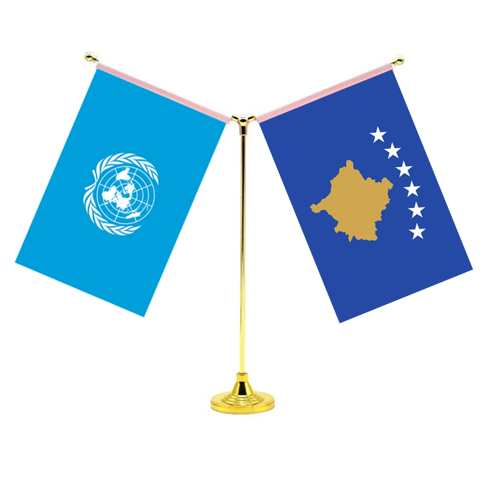 14x21cm Mini Kosovo's Flag Office Decoration With Two Flags Of The United Nations And Kosovo
14x21cm Mini Kosovo's Flag Office Decoration With Two Flags Of The United Nations And Kosovo