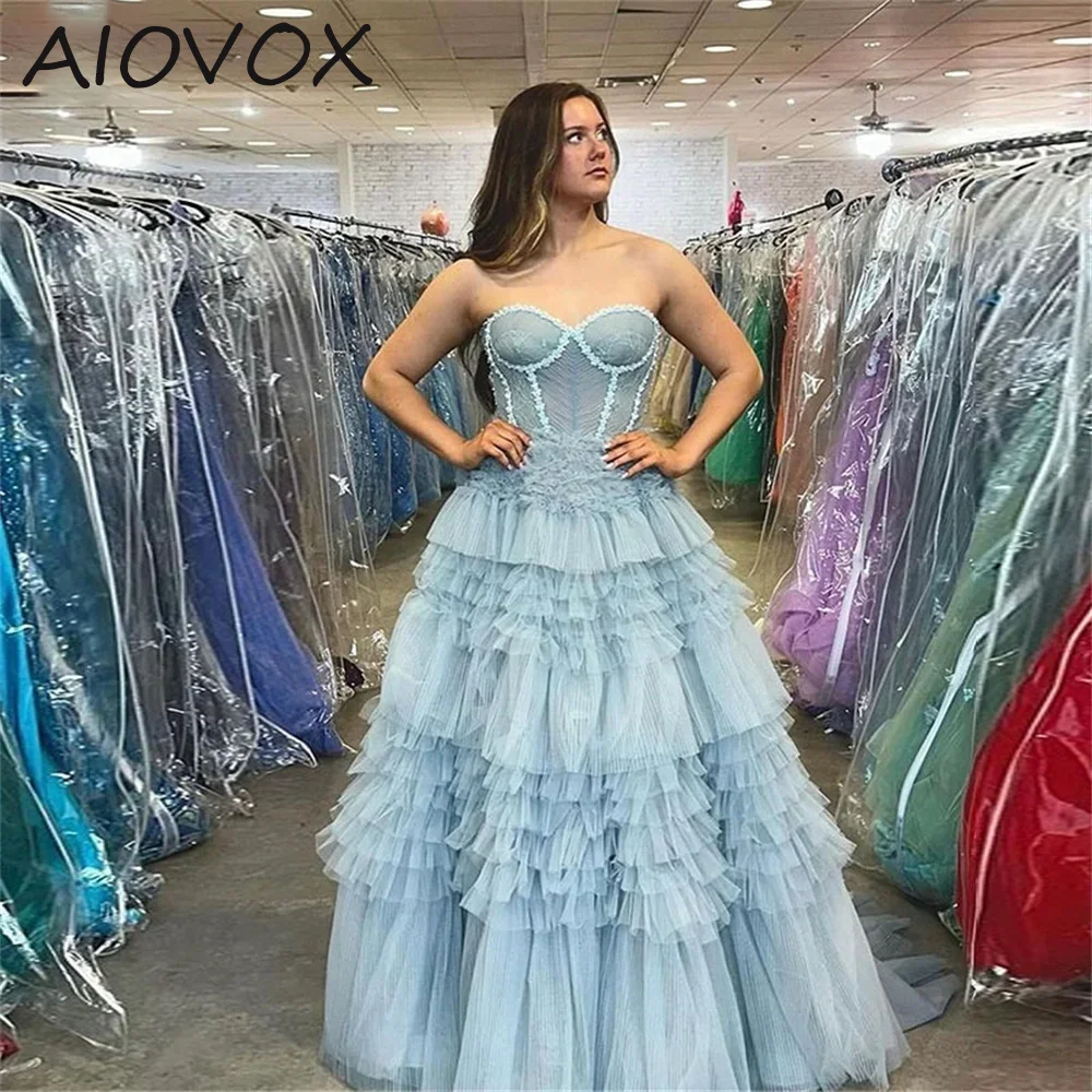 

AIOVOX A-line Formal Occasion Dress Exquisite Strap Less Appliques Illusion Tiered Hemline Lace Up فساتين للحفلات الراقصة 2024